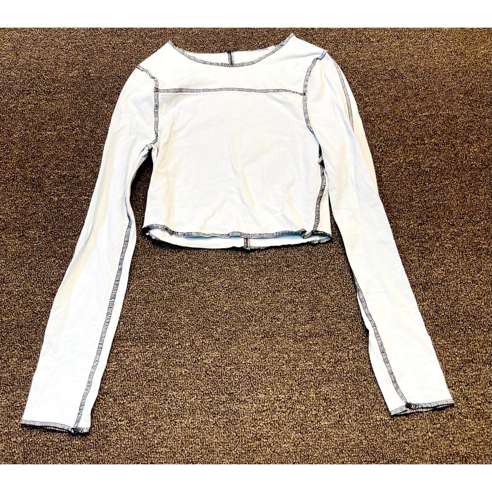 PacSun PAC Cropped Blouse Top Womens XS White Cotton Stretch Contrast Stitching